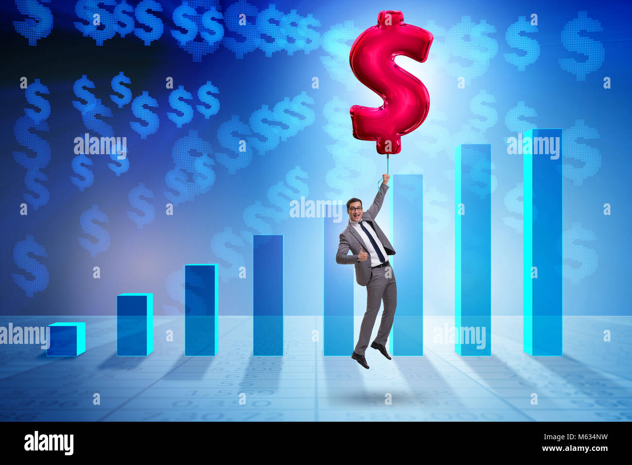 Businessman flying on dollar sign inflatable balloon over financials ...