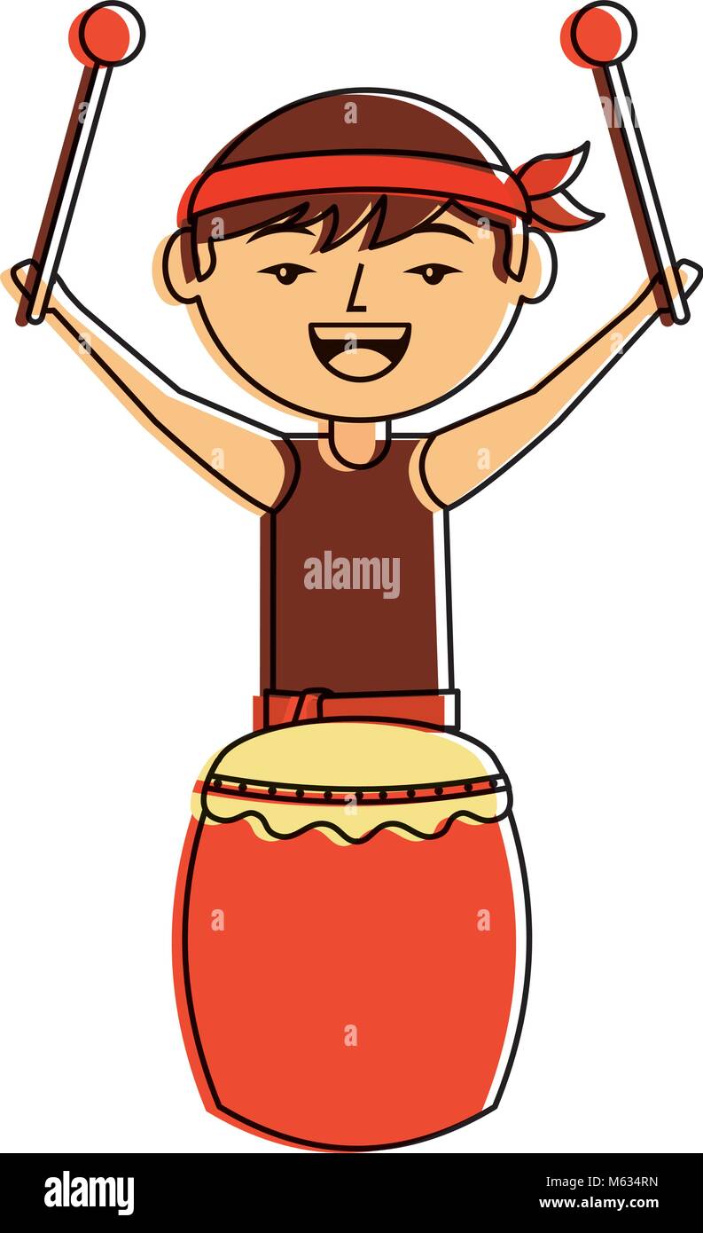 funny cartoon chinese man standing with drum and sticks Stock Vector ...