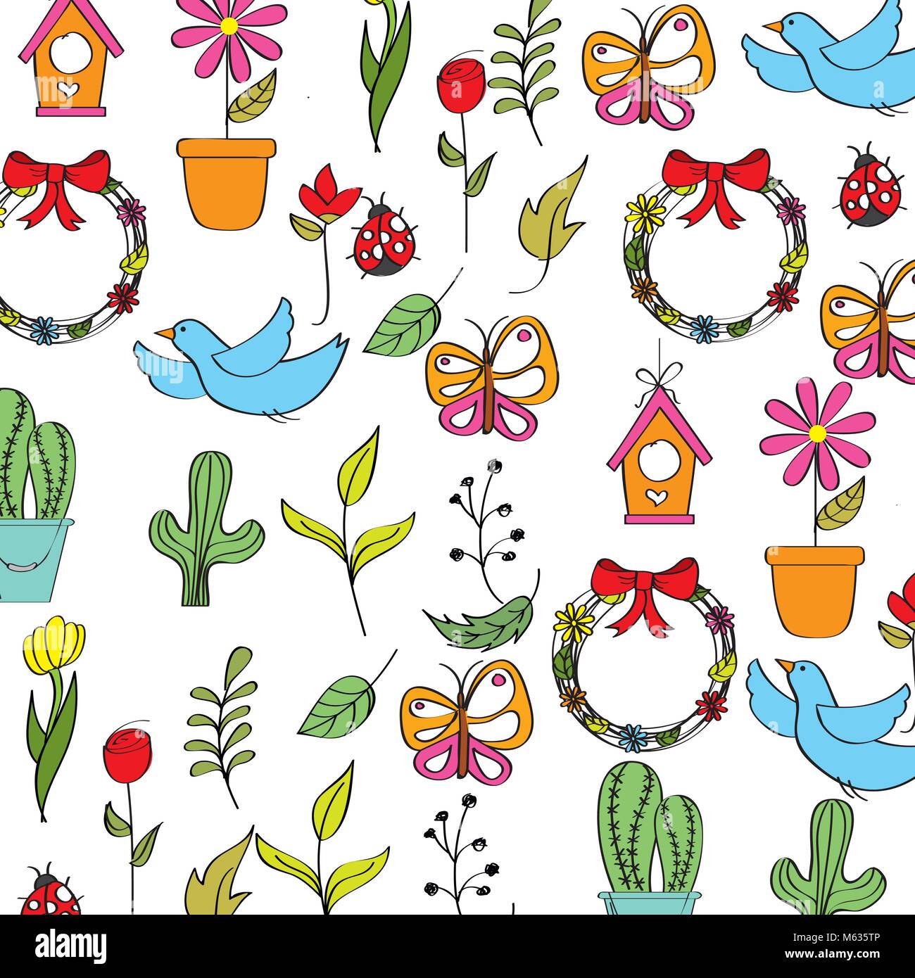 spring background with flowers butterflies ladybugs birds and leafs Stock Vector