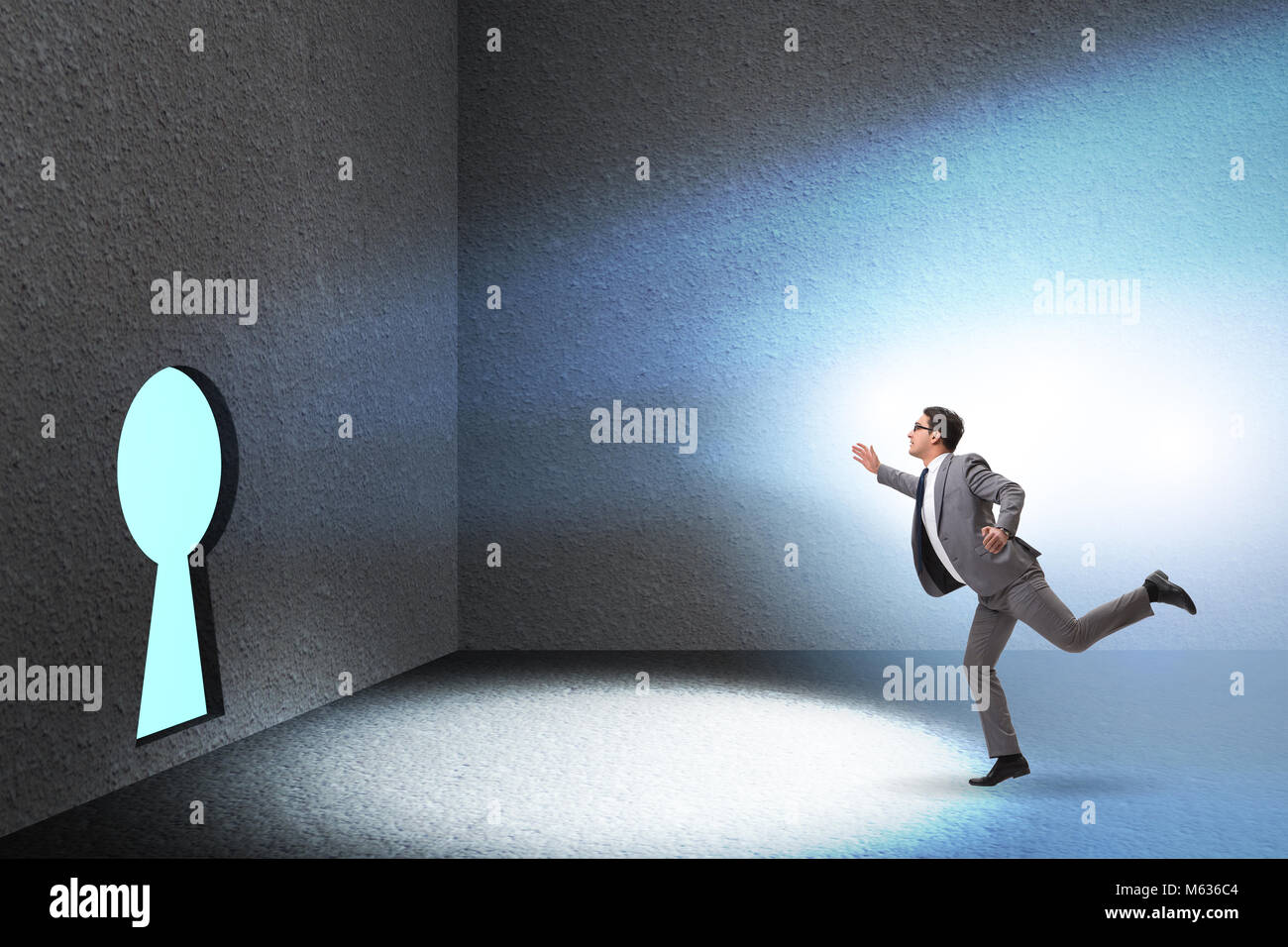 Businessman walking towards keyhole in challenge concept Stock Photo ...
