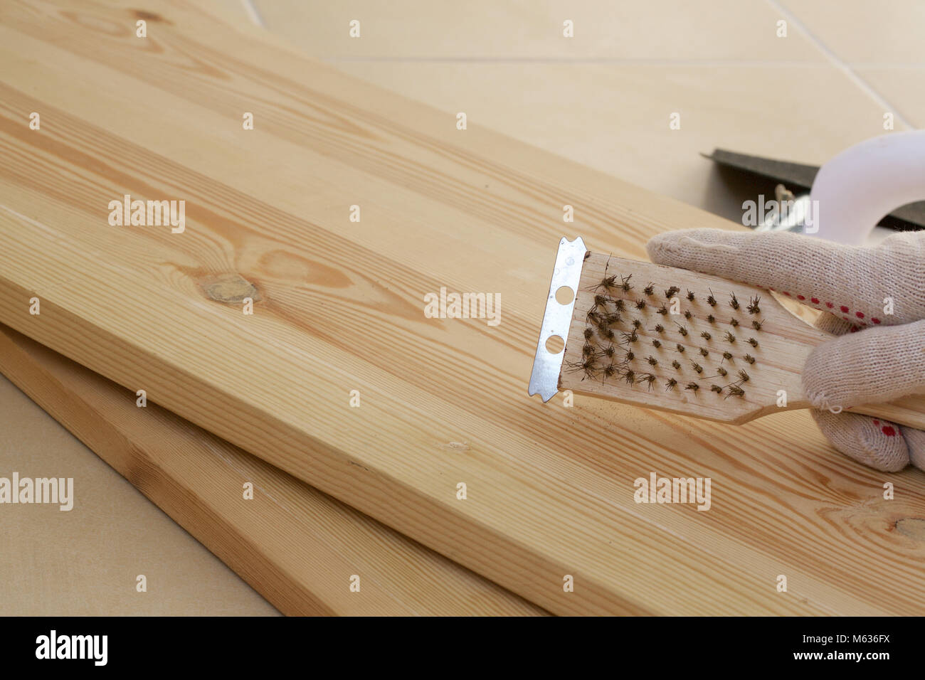 Process of polishing the wood before painting. Closeup Stock Photo Alamy