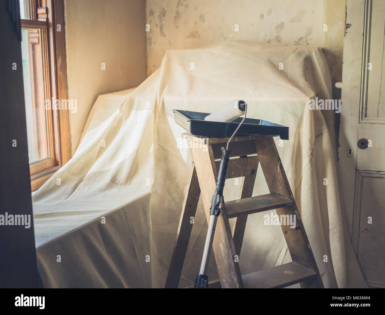 A paint roller and tray on a stepladder Stock Photo Alamy
