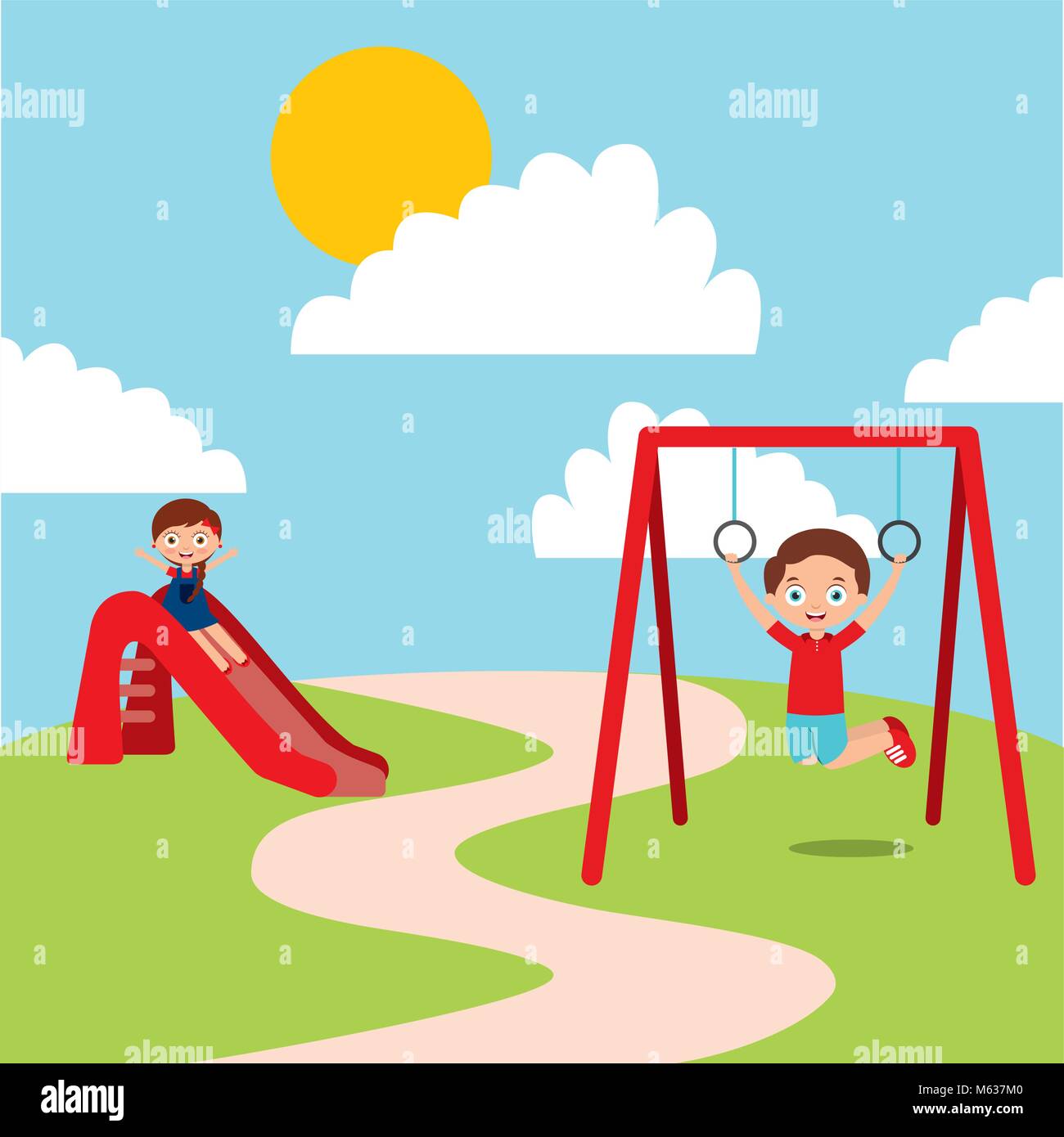 cute happy little kids playing slide jump rope playground Stock Vector