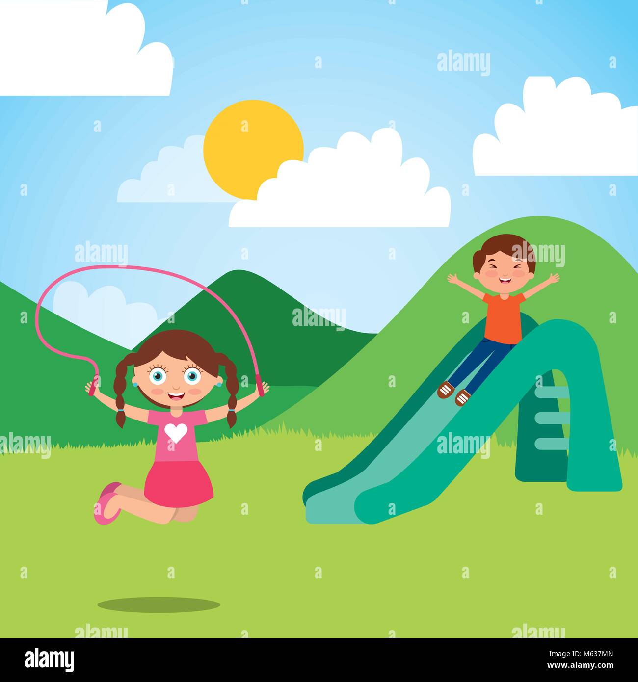 cute happy little kids playing slide jump rope playground Stock Vector