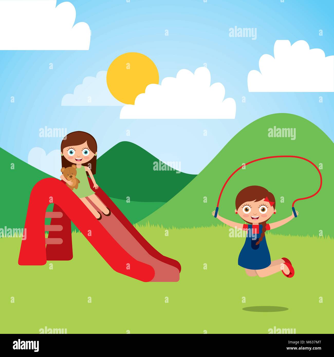 cute happy little kids playing slide jump rope playground Stock Vector