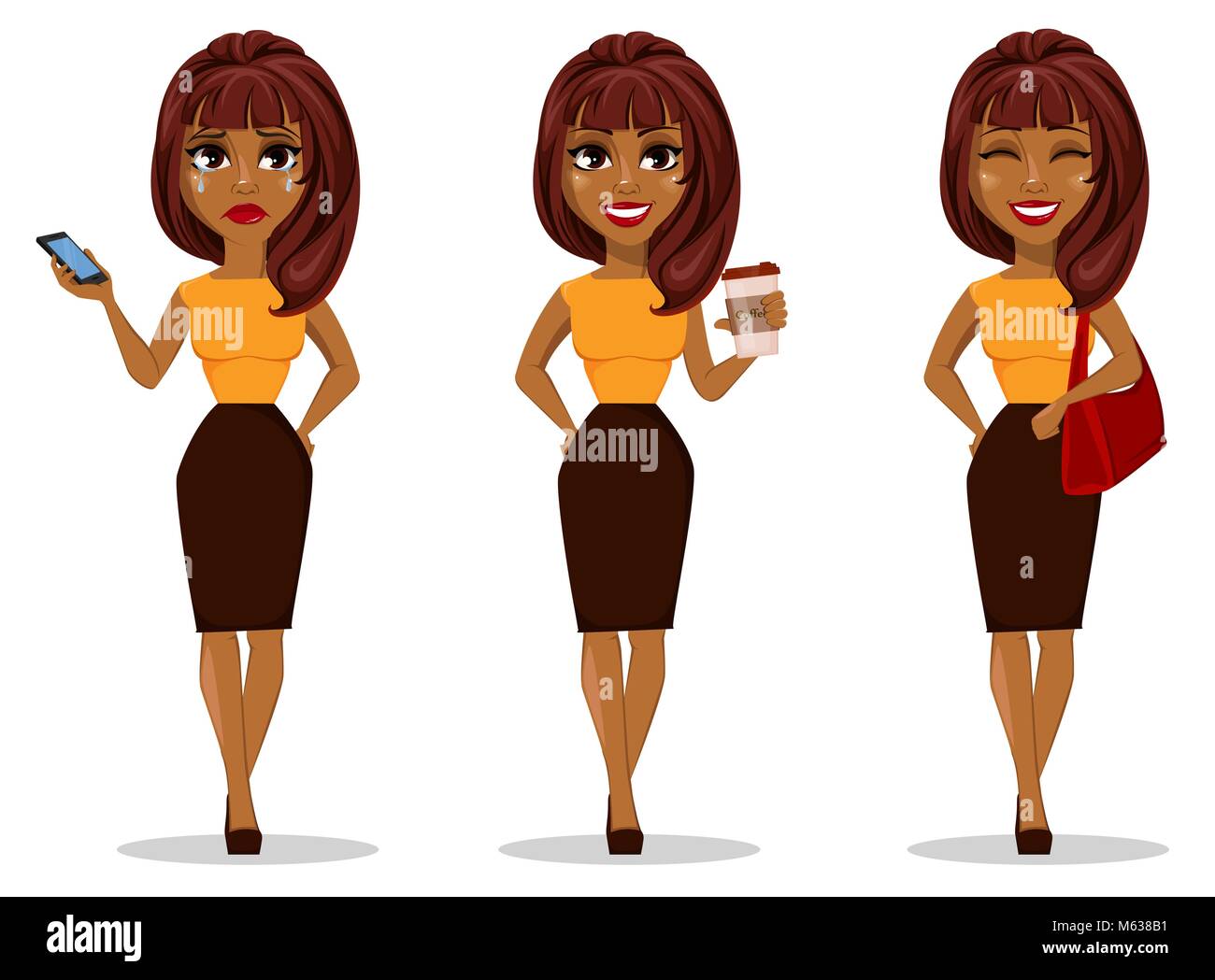 African American business woman cartoon character. Set of young beautiful businesswoman in smart casual clothes holding smartphone, holding coffee and Stock Vector