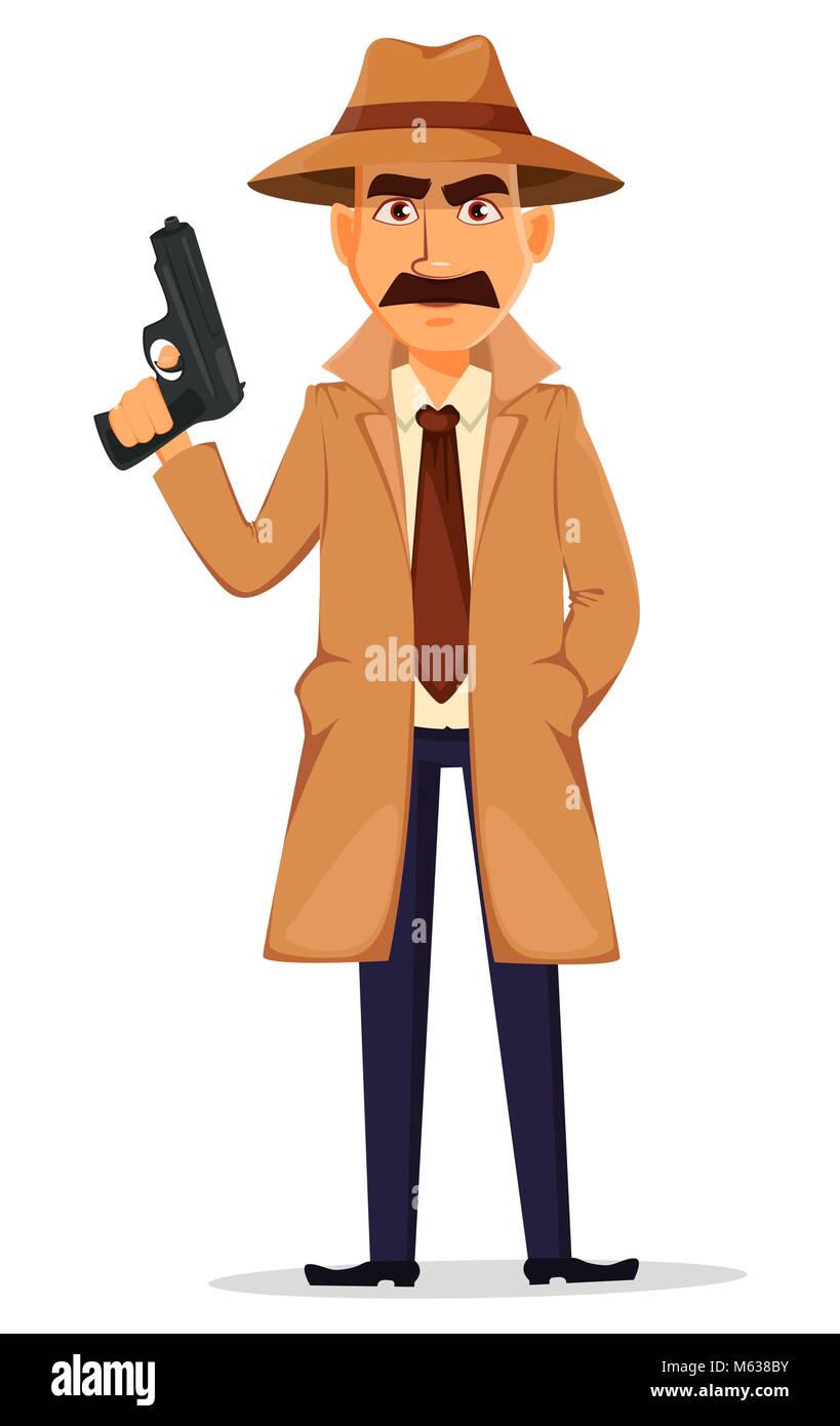 Detective in hat and coat. Handsome cartoon character holding a raised ...