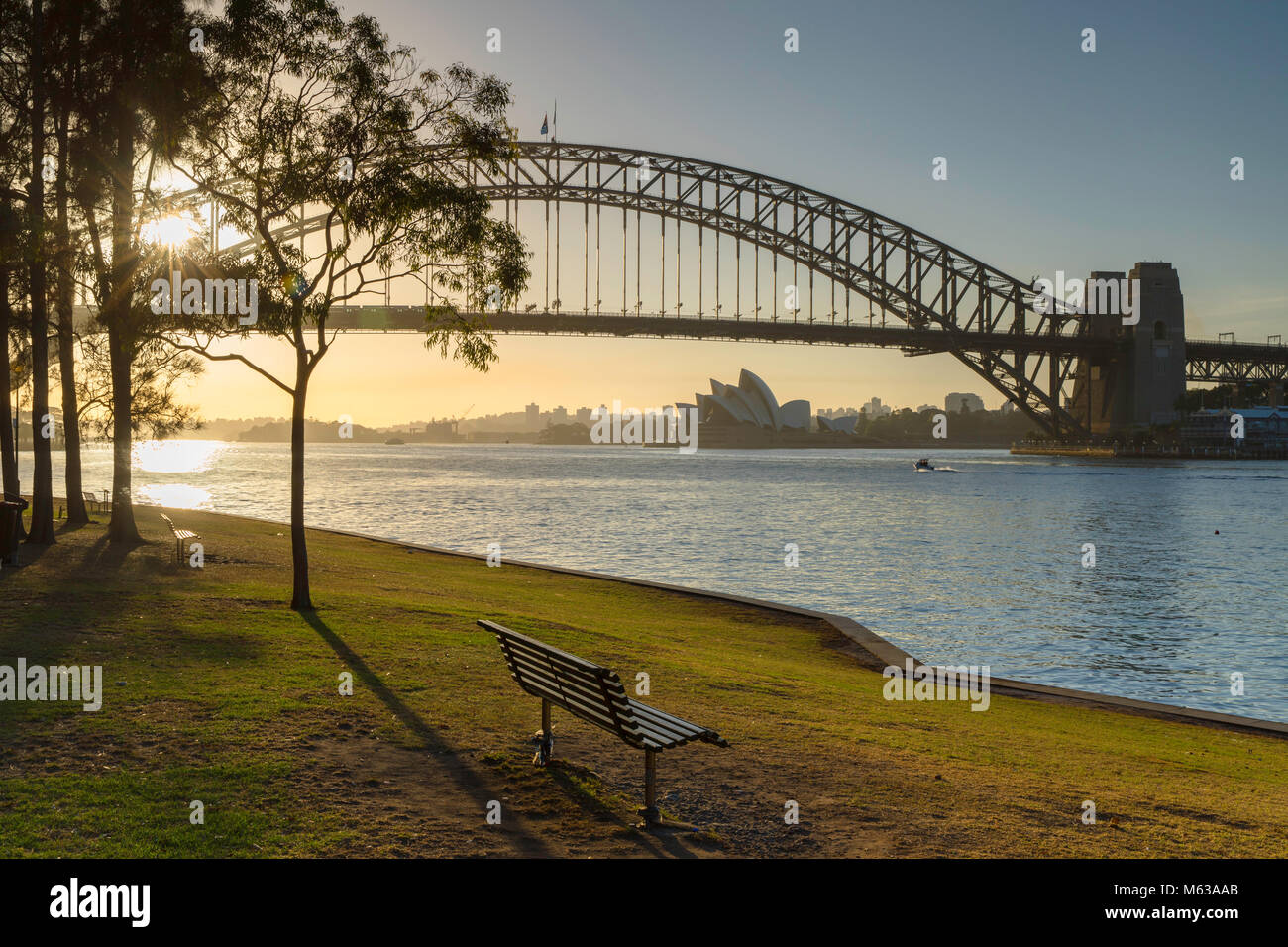 Sydney Harbour Bridge and Sydney Opera House at sunrise, Sydney, New South Wales, Australia Stock Photo