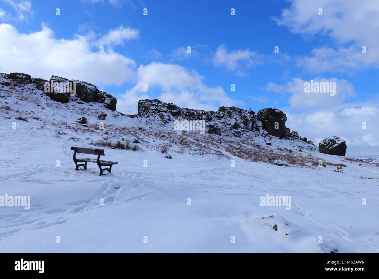 Cow & Calf Rocks on Ilkley Moor, West Yorkshire as the Beast From The East brings disruption to