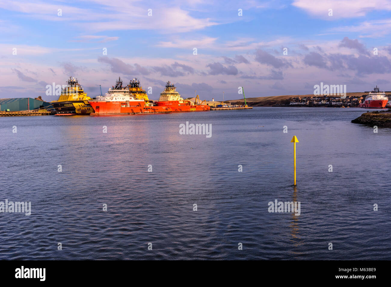 Oil industry rig support vessels in Montrose harbour, Scotalnd. Stock Photo