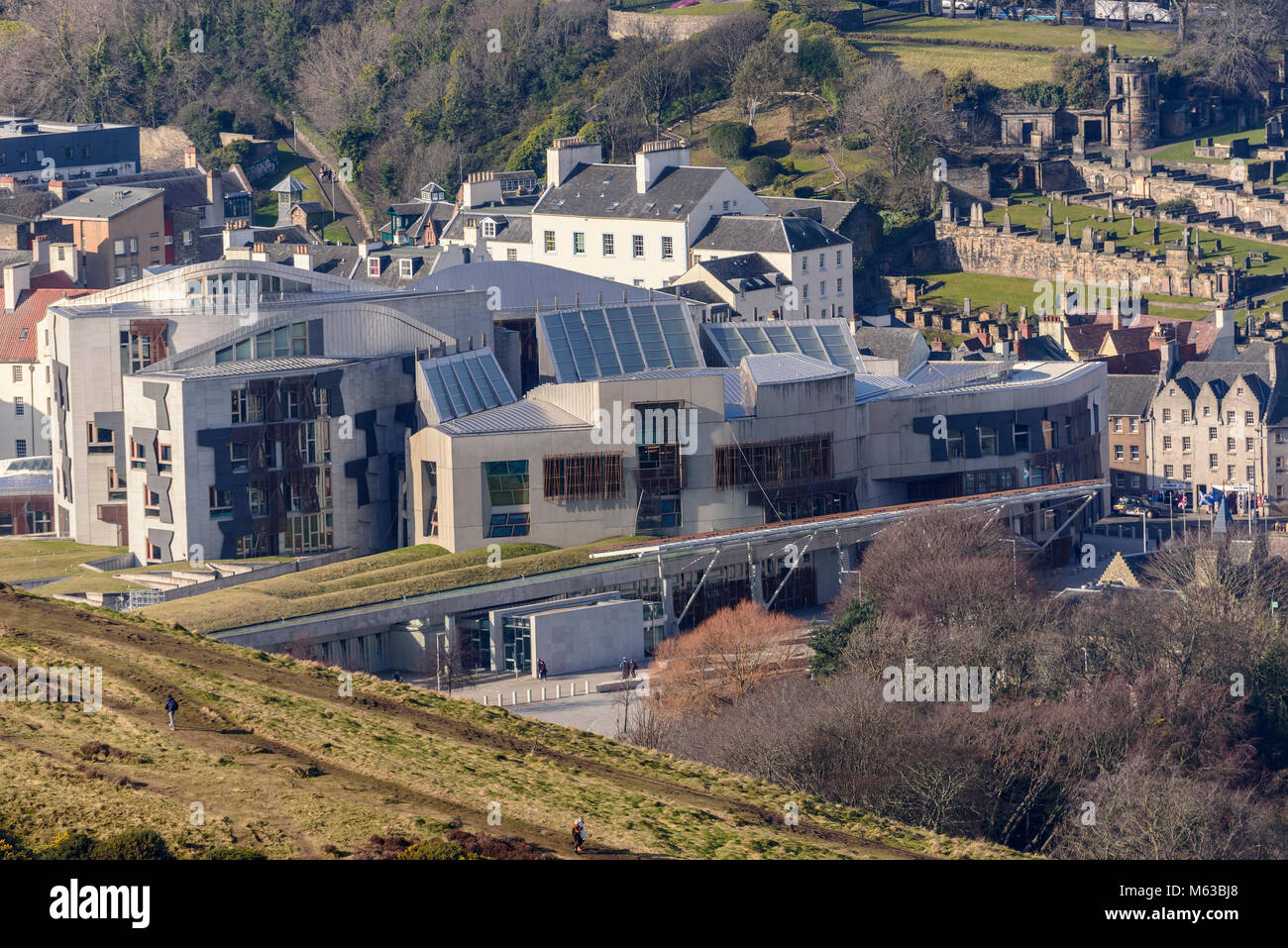 The Scottish Parliament building Holyrood. Scotland. aerial Stock Photo