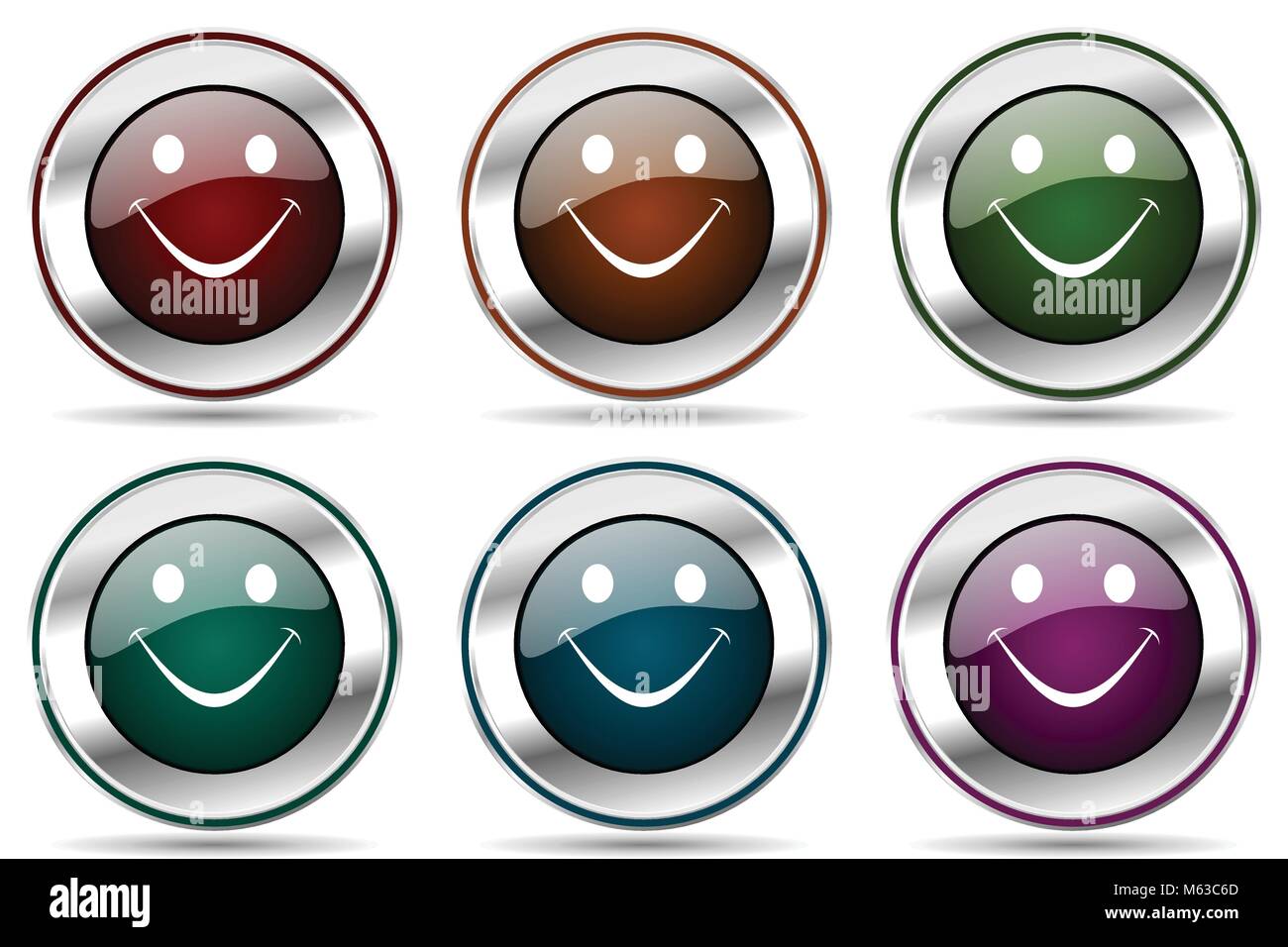 Smile vector icon set. Silver metallic chrome border icons for web design and smartphone applications Stock Vector