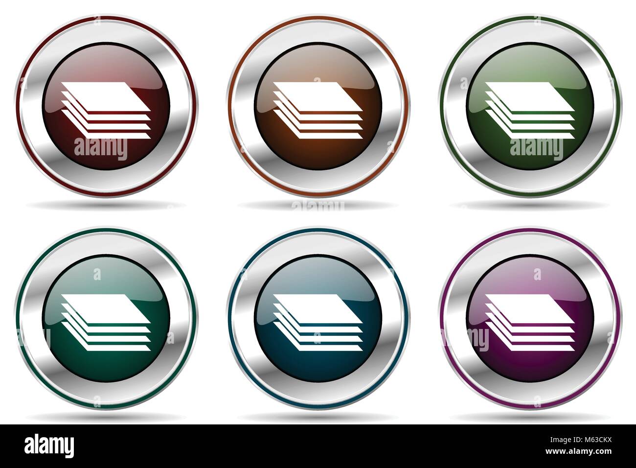 Layers vector icon set. Silver metallic chrome border icons for web design and smartphone applications Stock Vector