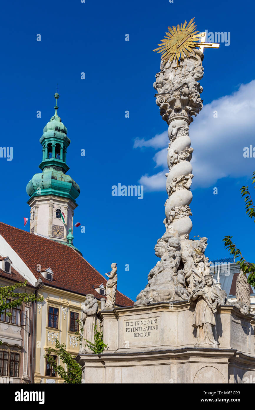 Historical building in center of Sopron, Tower of Fire and sculpture of
