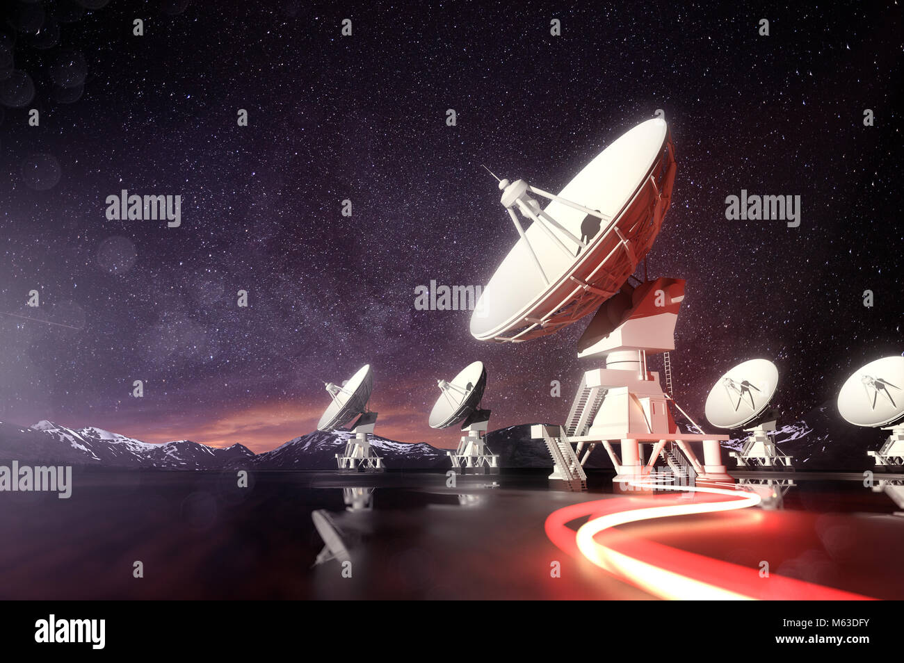 Radio telescopes searching for astronomical objects at night. 3D illustration. Stock Photo