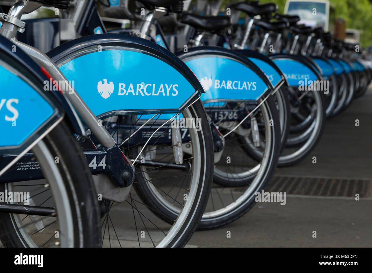 Boris bikes on the Victoria Embankment, London. Stock Photo