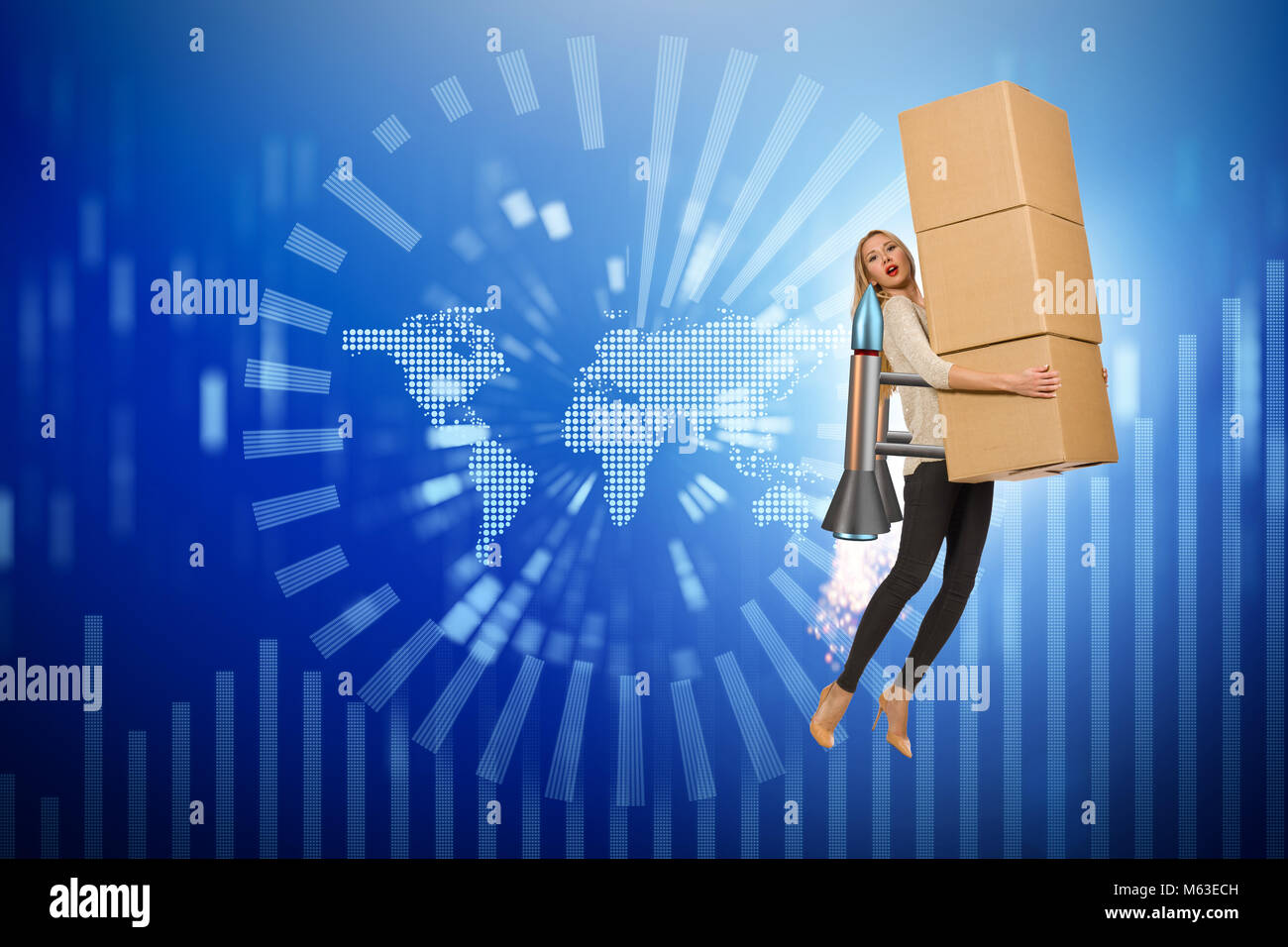 Woman flying jetpack and delivering boxes globally Stock Photo - Alamy