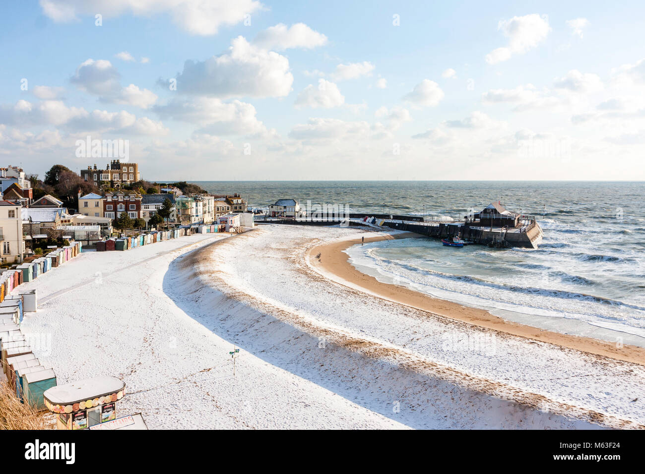 England, Broadstairs, Viking Bay beach. Aerial view of the snow covered