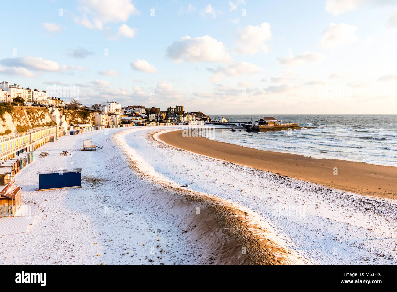 England, Broadstairs, Viking Bay beach. Aerial view of the snow covered