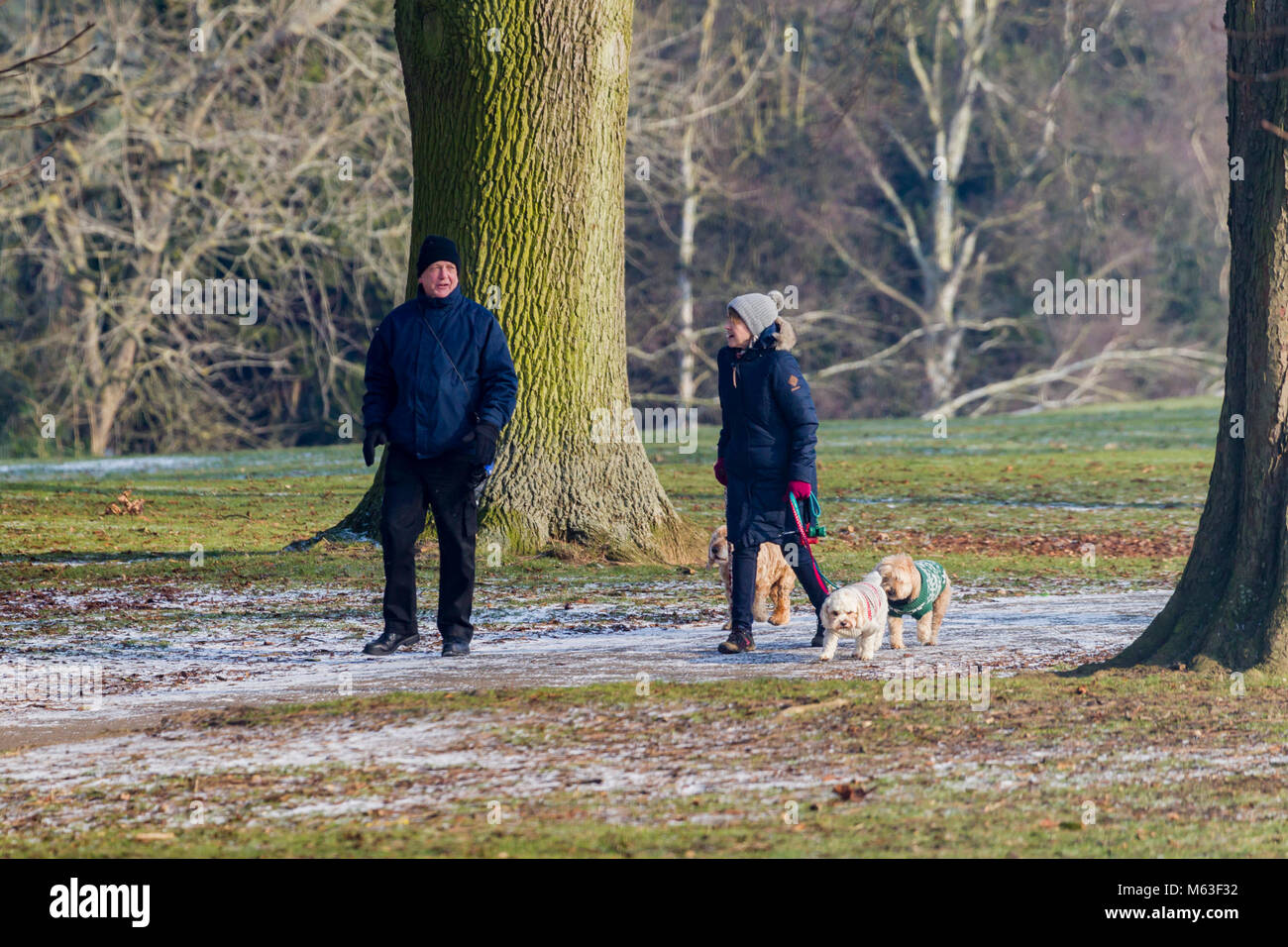 Northampton, England. 28th Feb, 2108. UK Weather: Temperatures at -2 this morning with a light dusting of snow for the people walking their dogs in Abington Park wrapped up against the bitterly cold breeze. Credit: Keith J Smith./Alamy Live News Stock Photo
