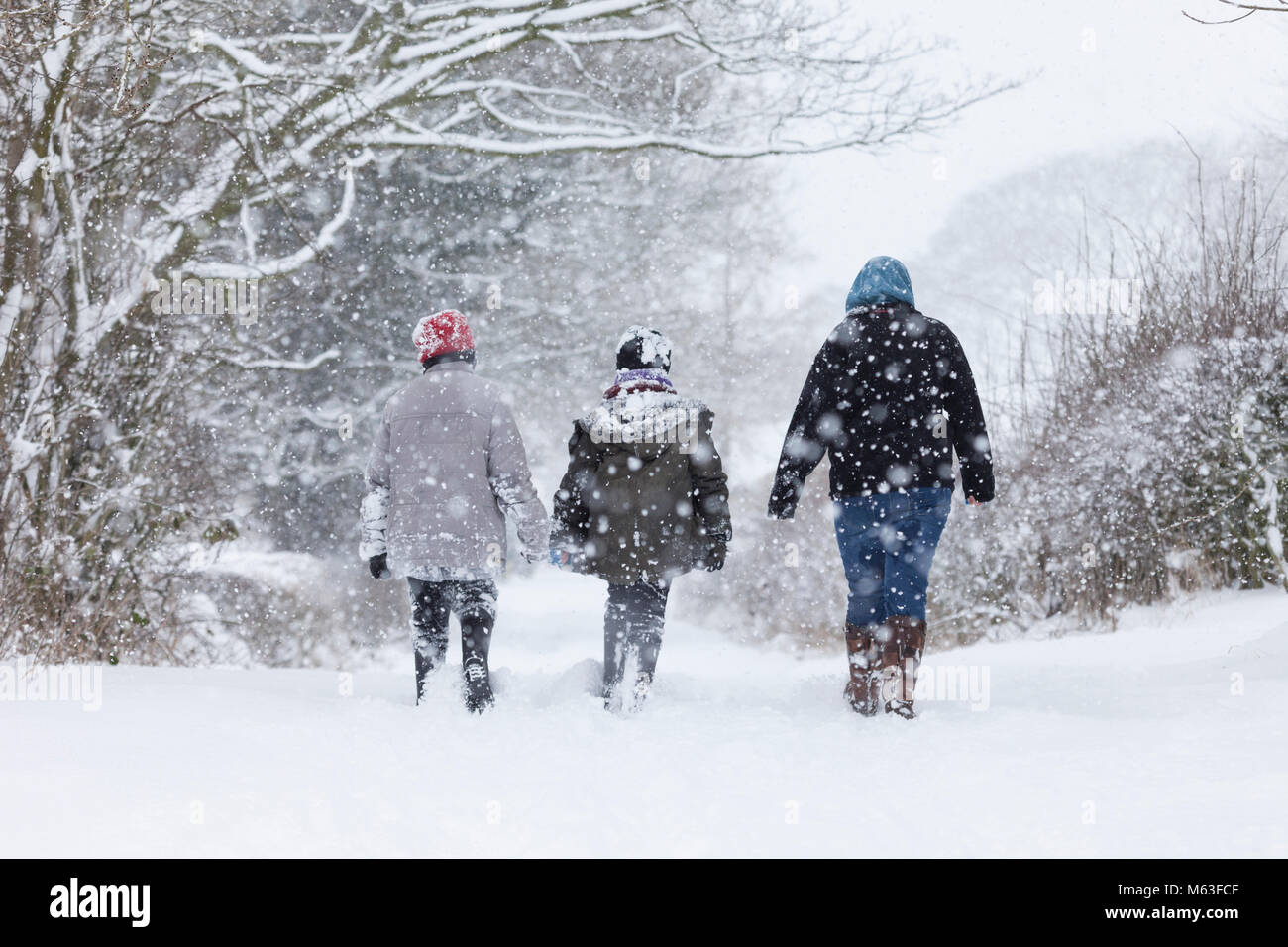 Marwood, Barnard Castle, County Durham, UK.  28th Feb, 2018. UK Weather.  As heavy snow blankets the area around Barnard Castle closing many schools this family managed to get out and enjoy a walk in the snow.  The forecast is for more of the same with a Met Office Amber weather warning for snow in force for Northeast England. David Forster/Alamy Live News Stock Photo
