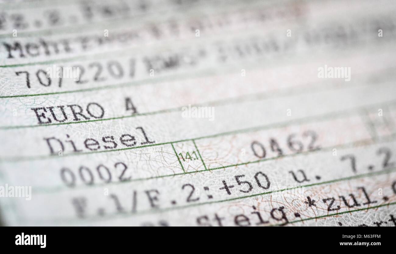 Berlin, Germany. 28th Feb, 2018. A note on the 'Euro 4' norm and 'Diesel' seen on a vehicle registration in Berlin, Germany, 28 February 2018. Credit: Kay Nietfeld/dpa/Alamy Live News Stock Photo
