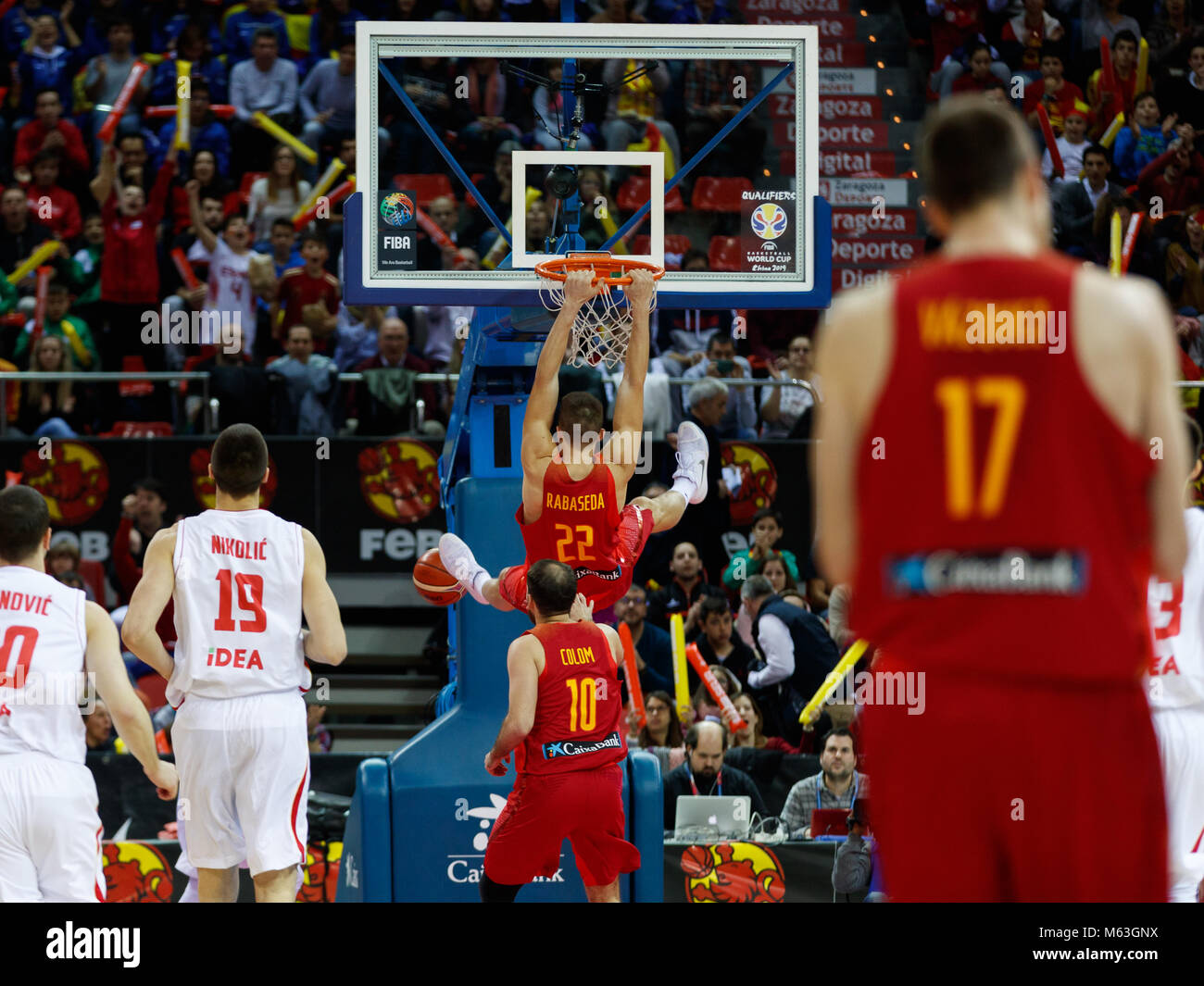 26th February 2018, Pabellon Principe Felipe, Zaragoza, Spain; Europa World Cup Qualifier, Espana versus Montenegro; Slamdunk for Xavi Rabaseda Stock Photo