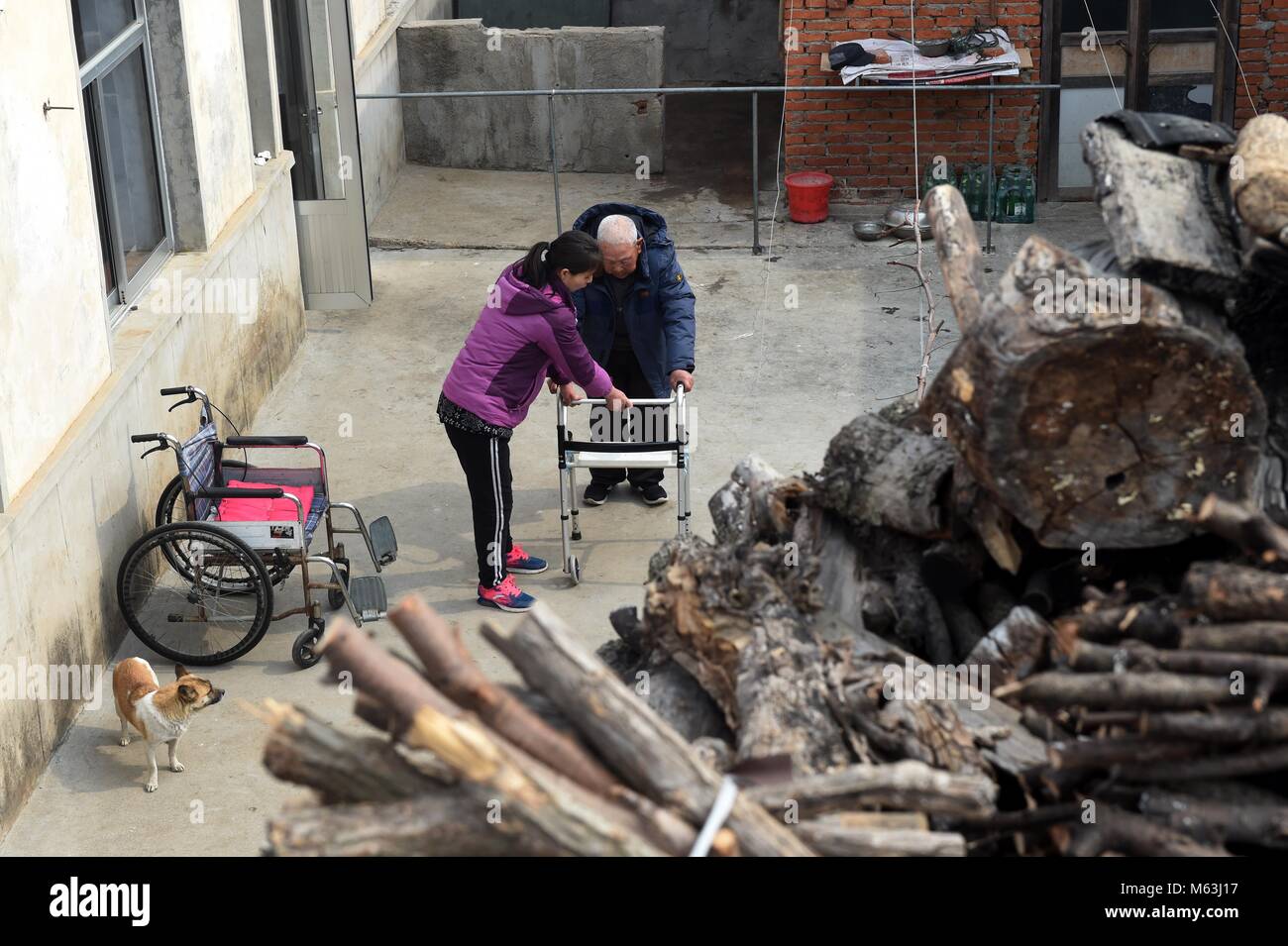 (180228) -- LAIXI, Feb. 28, 2018 (Xinhua) -- Tang Caixia assists her uncle in walking at their yard in Yaogou Village of Nanshu Town in Laixi, east China's Shandong Province, Feb. 27, 2018.     Tang Caixia, aged 37, has supported her uncle for over four years. Five years ago, Tang's uncle Ge Songting got very sick. Though he was rescued from death, he was paralyzed. Ge has never got married before, so there's no immediate family to support him. In this case, he had to be sent to nursing home. When Tang visited her uncle at the nursing home four years ago, she decided to bring him home for Spri Stock Photo