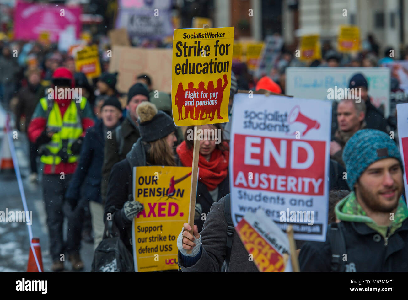 London, UK. 28th February, 2018. The UCU (University and College Union) organises a march to protest the changes to lecturers pensions as part of their strike action. The march started outside UCL in Malet Place andheaded to Westminster via Whitehall. Credit: Guy Bell/Alamy Live News Stock Photo