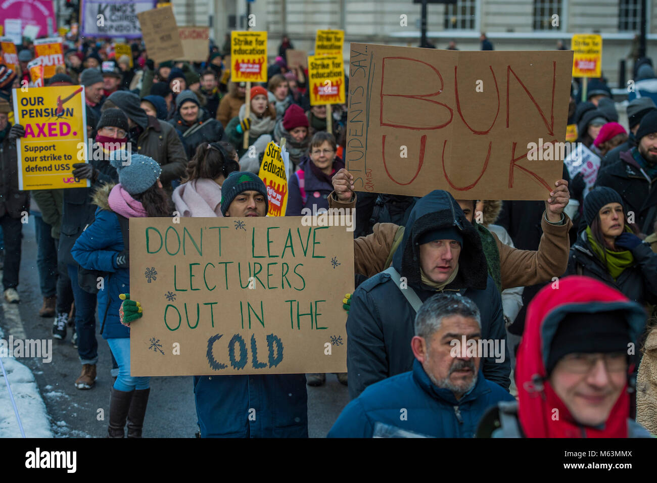 London, UK. 28th February, 2018. The UCU (University and College Union) organises a march to protest the changes to lecturers pensions as part of their strike action. The march started outside UCL in Malet Place andheaded to Westminster via Whitehall. Credit: Guy Bell/Alamy Live News Stock Photo