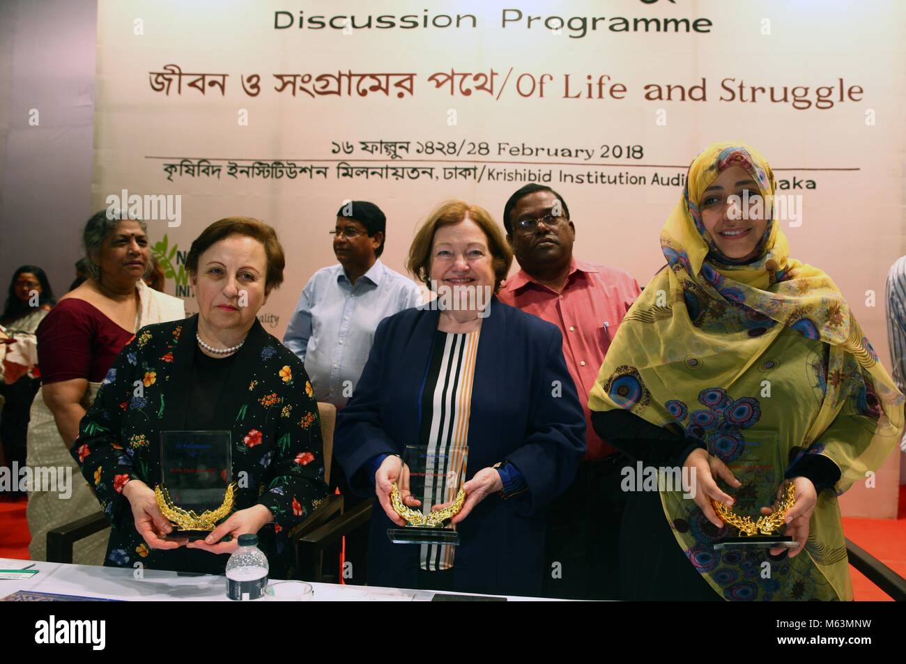 Dhaka, Bangladesh. 28th Feb, 2018. February 28, 2018 Dhaka, Bangladesh The three female Nobel Peace laureates received crest form the Naripokkha Women's organization left to right Shirin Ebadi of Iran's, Mairead Maguire of Northern Ireland's and Tawakkol Karman of Yemen's, they discussion on the topic ''˜ Of Life and Struggle speaks at Krishibid Institution Auditorium, Khamar Bari in Dhaka. The conclusion of their visit to Bangladesh on the six-month anniversary of the current Rohingya crisis that forced millions to flee into Bangladesh from Rakhine state of Myanmar.28 February 20 Stock Photo