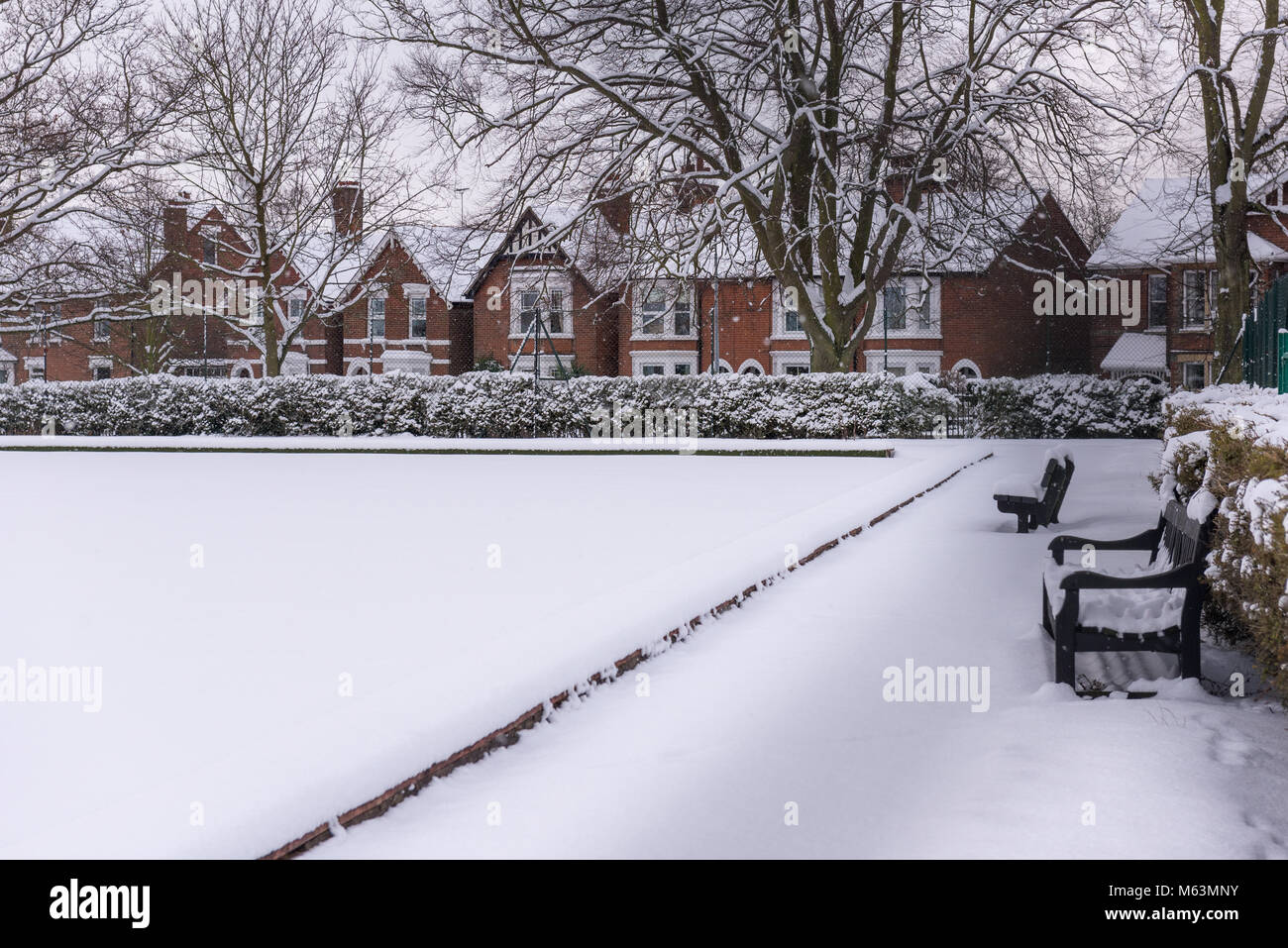 Colchester, Essex, UK. 28 February 2018. A corner of the bowling green at Old Heath Recreation Ground lies under a thick blanket of snow as icy winds continue to bring wintry weather in across the North Sea. Credit: Gary Eason/Alamy Live News Stock Photo