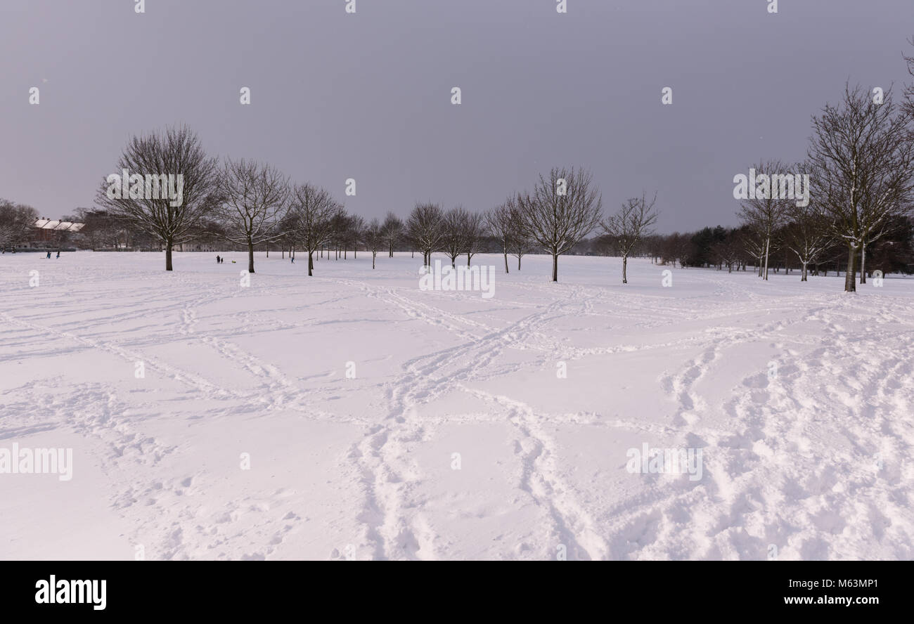 Colchester, Essex, UK. 28 February 2018. The trails of people's footsteps criss cross the Abbey Fields park, which lies under a thick blanket of snow as icy winds continue to bring wintry weather in across the North Sea. Credit: Gary Eason/Alamy Live News Stock Photo