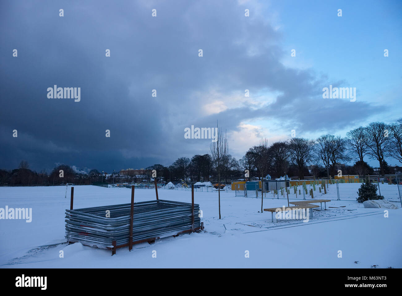 Edinburgh, Scotland, UK. 28th February, 2018. A photograph of the Beast from the East Storm moving into Edinburgh over Saughton Park in late afternoon, close to sunset. Credit: Iscotlanda/Alamy Live News Stock Photo