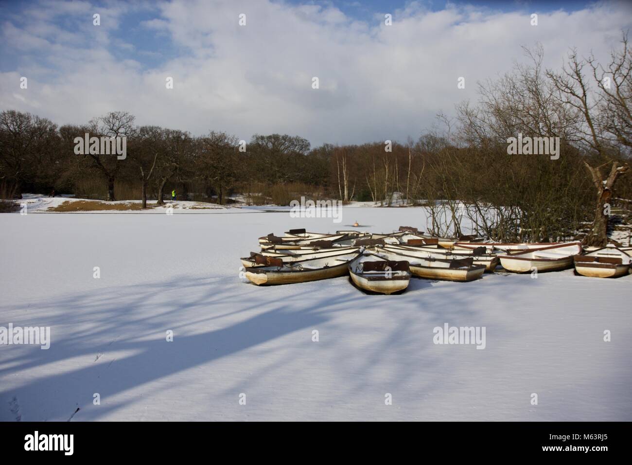 London England United Kingdom; 28th February 2018: Frozen rowing boats ...