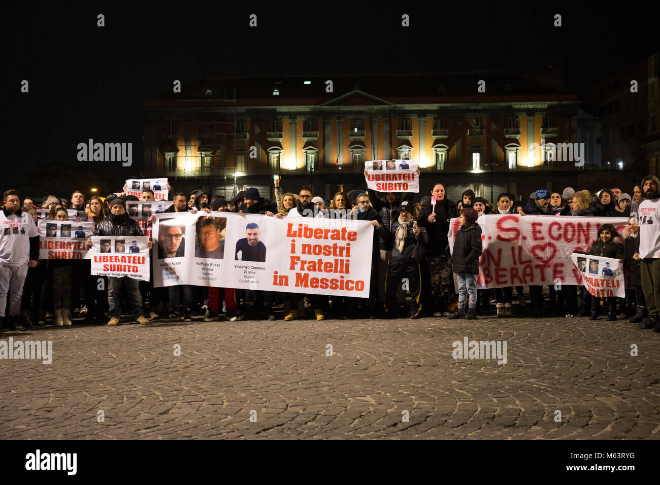 Naples, Campania, Italy. 28th Feb, 2018. Demonstrator seen with banners during the rally.Rally organized by the family of the three Neapolitan men kidnapped in TecalitlÃ n in Mexico, they demand their immediate release. Credit: EVicinanza Desaparecidos 2 .jpg/SOPA Images/ZUMA Wire/Alamy Live News Stock Photo