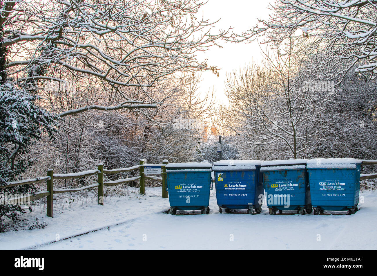 Blackheath. 27th Feb, 2018. UK Weather: Rubbish bins in the snow during the so called 'beast from the east' cold spell in late February 2018. Taken at Grove Park, Lewisham, London Credit: Tim M/Alamy Live News Stock Photo