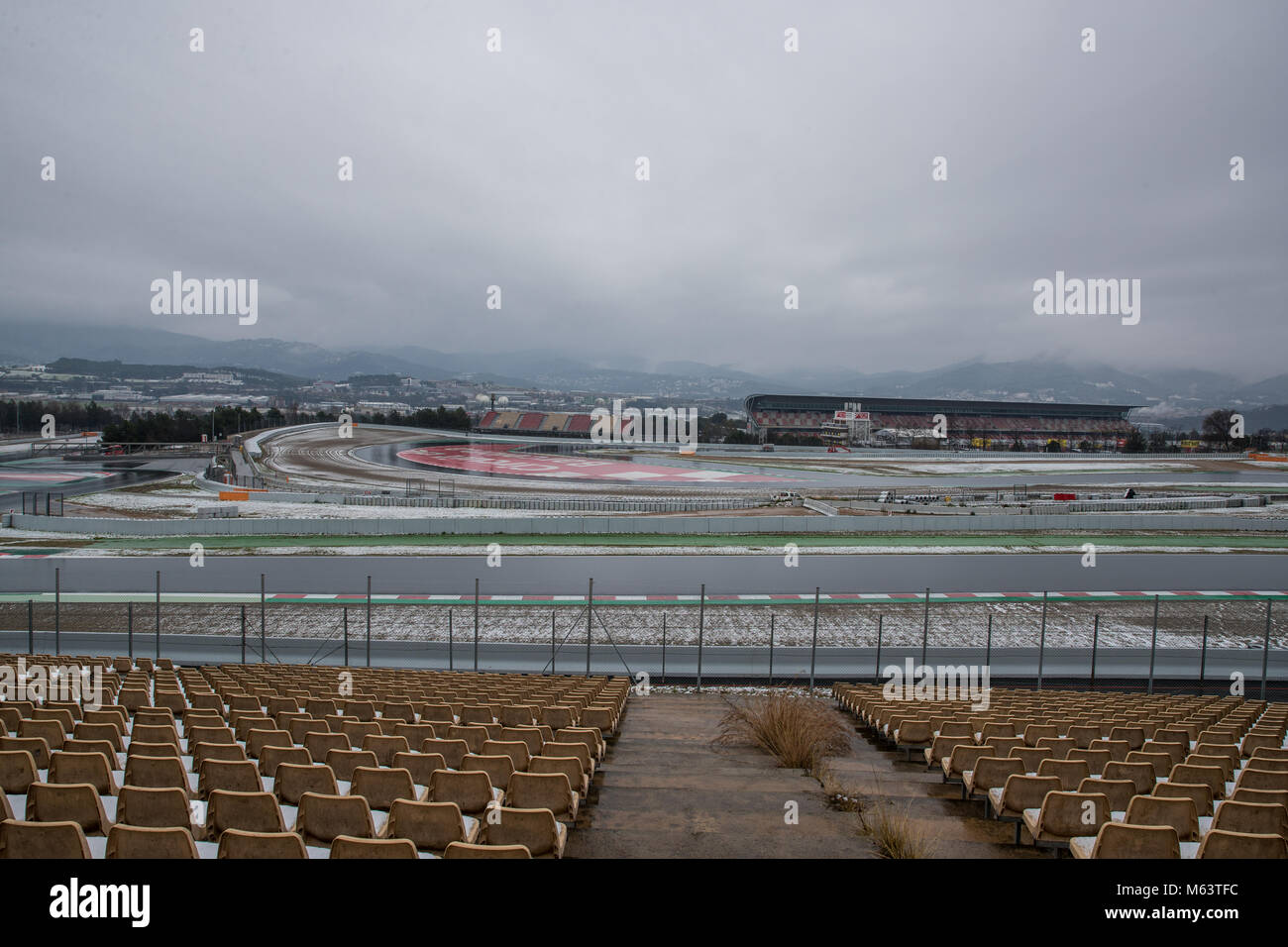 Montmelo, Spain. 28th Feb, 2018. Day three of F1 Winter Testing in Barcelona at Circuit de Catalunya. Snow at circuit. Credit: UKKO Images/Alamy Live News Stock Photo