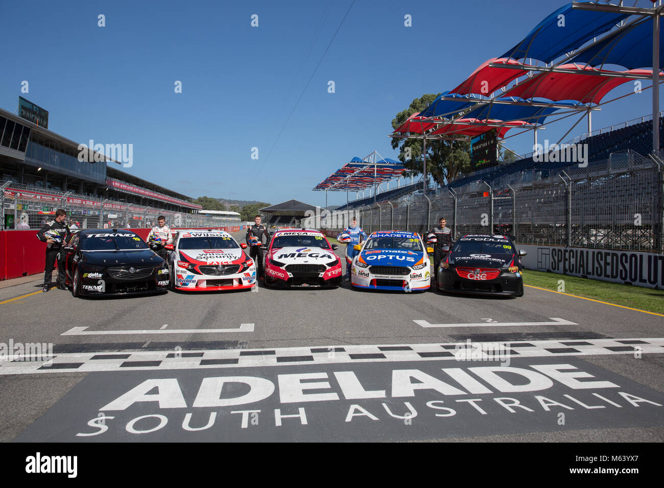 Adelaide Australia 28th February 2018. Rookie drivers Anton de Pasquale driver of the #99 Erebus Motorsport Holden Commodore ZB, James Golding driver of the #34 Wilson Security Racing GRM Holden Commodore ZB, Todd Hazelwood driver of the #35 Bigmate Holden Commodore VF, Richie Stanaway driver of the #56 Tickford Racing Ford Falcon FGX and Jack Le Brocq driver of the #19 Tekno Autosports Holden Commodore ZB pose for a photocall ahead of this weekend's Supercars Adelaide 500 at Adelaide Street Circuit. Credit: amer ghazzal/Alamy Live News Stock Photo