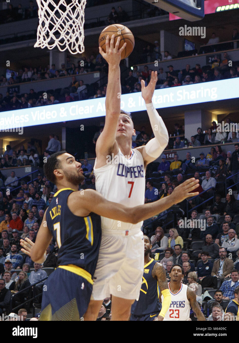 Denver Colorado Usa 27th Feb 2018 Clippers Sam Dekker Center Goes In For A Lay Up With Nuggets Trey Lyles Left During The 1st Half At The Pepsi Center Tuesday Night The
