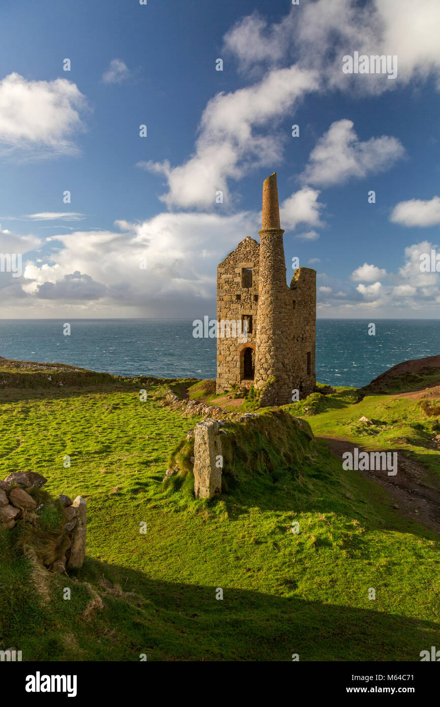 The ruins of the engine house at Wheal Owles tin mine at Botallack is in a UNESCO World Heritage Site on the north coast of Cornwall, England, UK Stock Photo