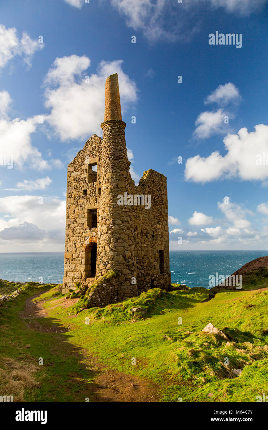 The ruins of the engine house at Wheal Owles tin mine at Botallack is in a UNESCO World Heritage Site on the north coast of Cornwall, England, UK Stock Photo