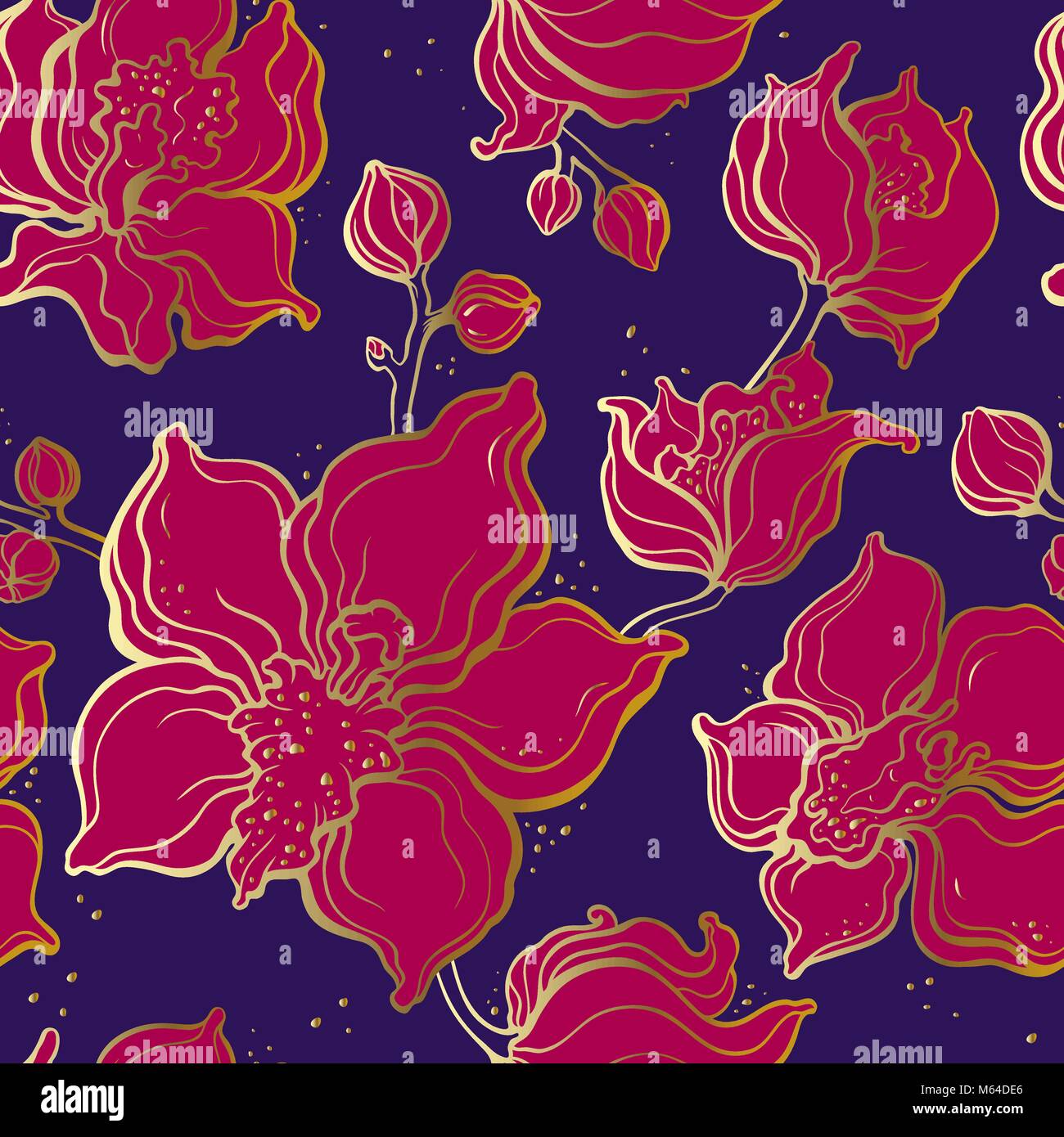 Floral pattern with Orchids. Hand drawn illustration. Seamless ...