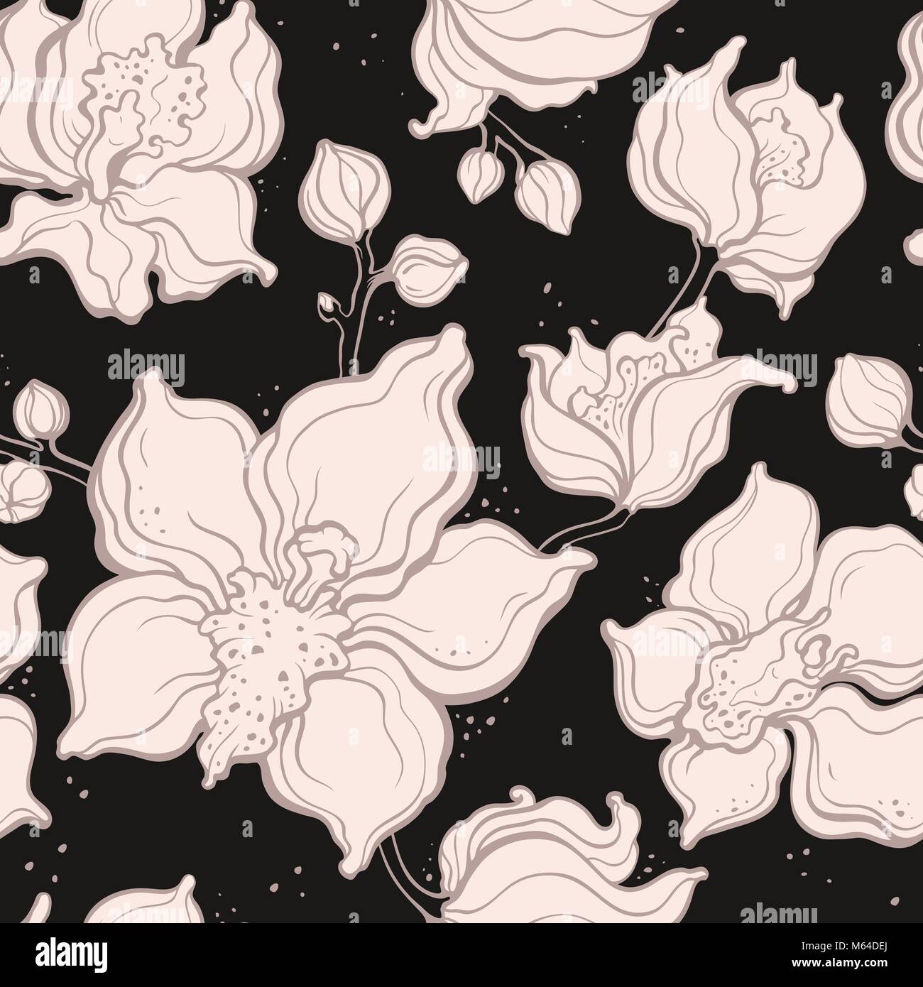 Floral Pattern With Orchids Hand Drawn Illustration Seamless