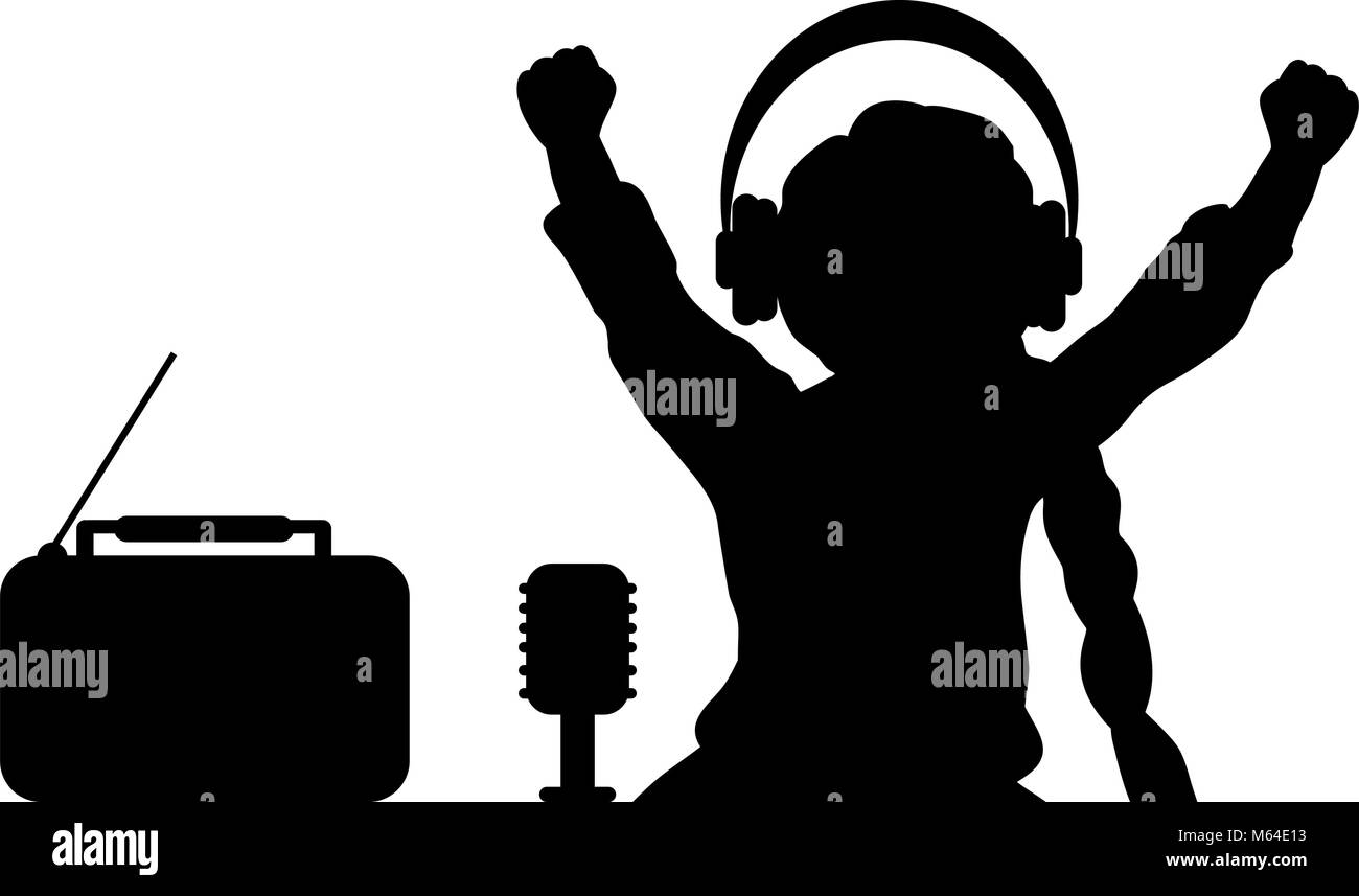 Silhouette girl listening to music with headphones. World Radio  Stock Vector