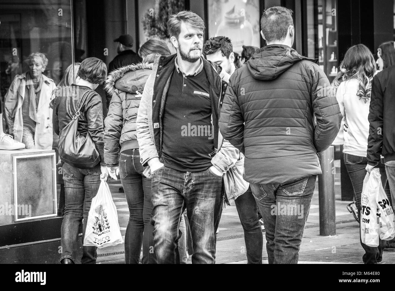 Shoppers in Liverpool. Shot in Black and white Stock Photo