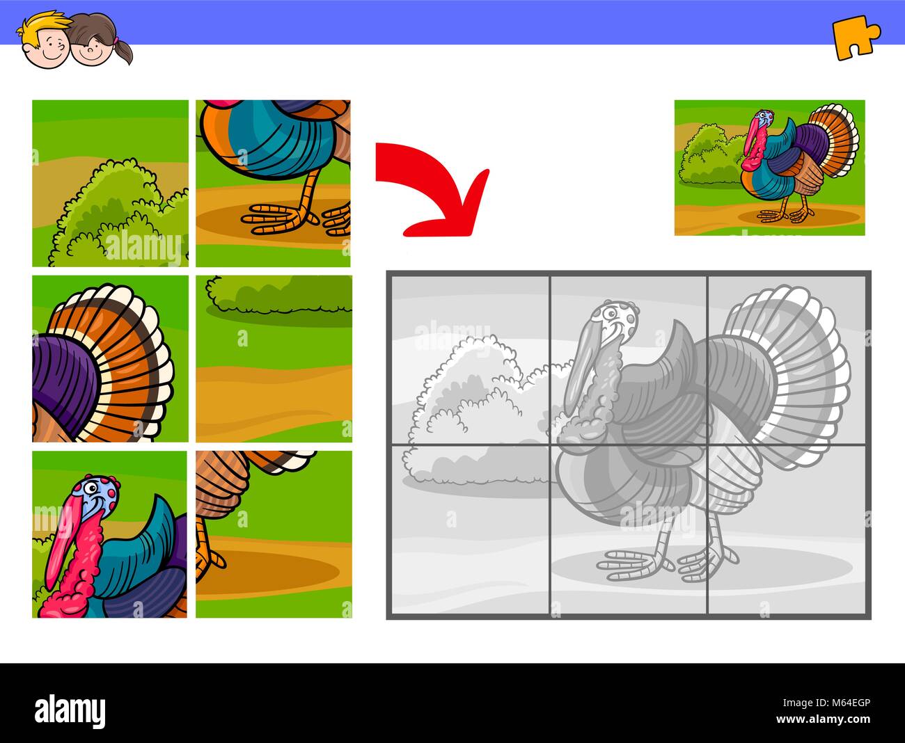 Cartoon Illustration of Educational Jigsaw Puzzle Activity Game for Children with Funny Turkey Farm Animal Character Stock Vector