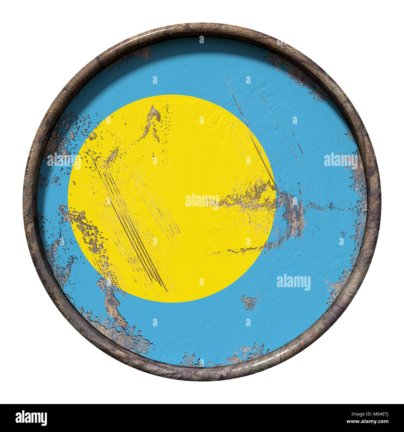 3d rendering of a Palau flag over a rusty metallic plate. Isolated on ...
