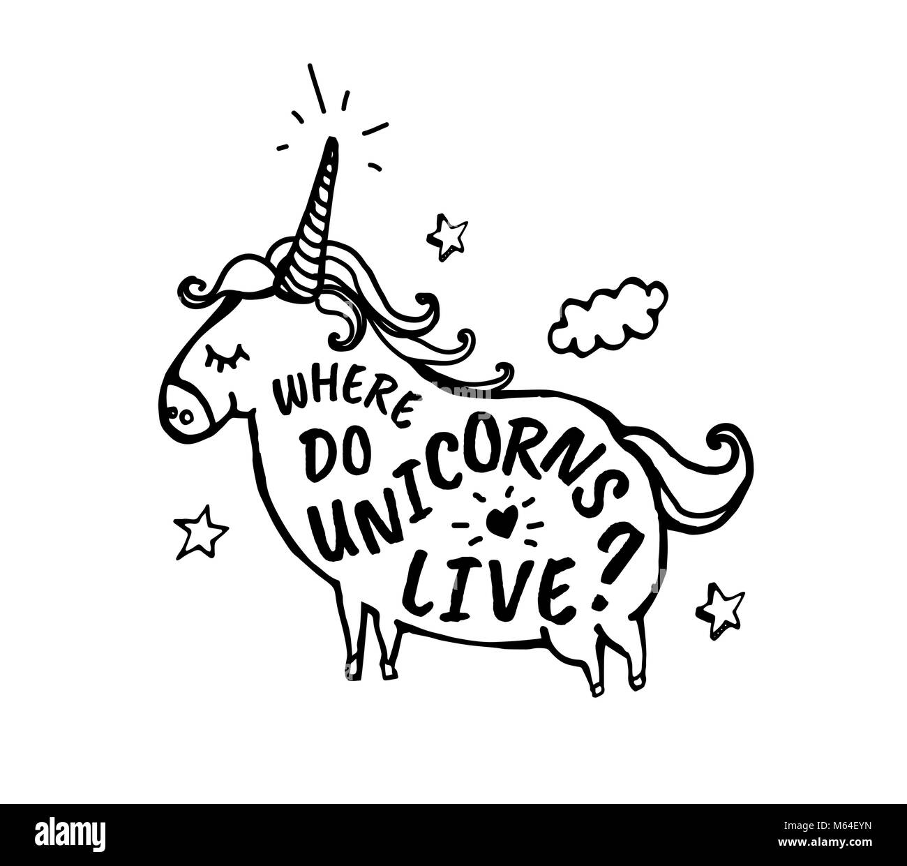 Where do unicorns live. Vector cartoon sketch illustration Stock Vector