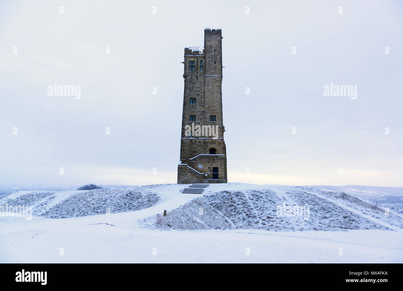 Victoria Jubilee Tower on Castle Hill, Huddersfield  in the freezing snow Stock Photo